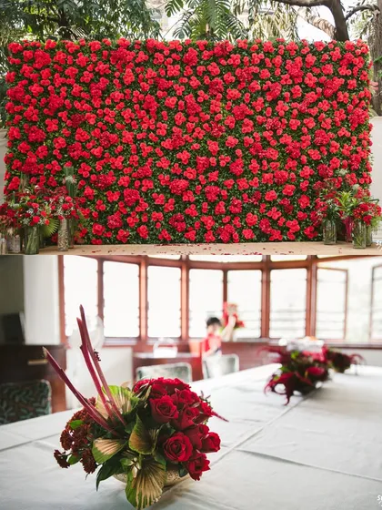 Impactful branding is key. The top image features a floor-to-ceiling wall of red roses, creating an unforgettable photo opportunity for a product launch or gala. The bottom image shows how this theme extends to elegant table centerpieces for a cohesive brand environment.