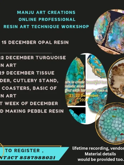 Here is a complete schedule for my online professional resin art technique workshops. You can choose from opal, turquoise, pebble, or basic functional art courses.