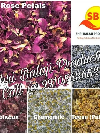 A collage showing some of the beautiful dried flowers I supply, including rose petals, hibiscus, chamomile, and lavender. These are essential for making herbal soaps, bath salts, and botanical candles.