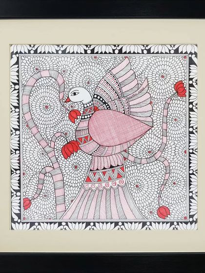 A graceful bird rendered in the Madhubani style, using a soft pink and black palette to create a delicate and elegant artwork.
