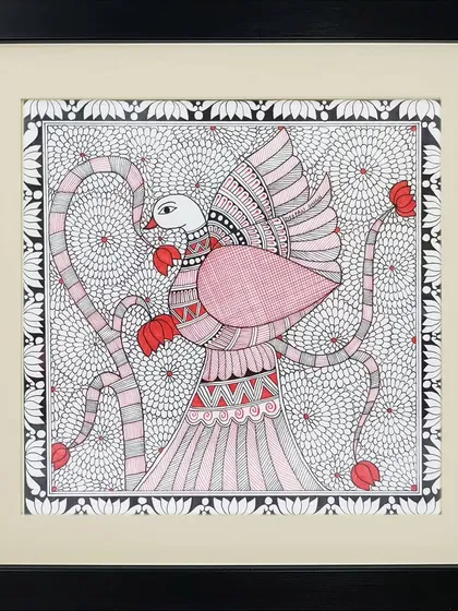 A graceful bird with large wings is the subject of this Madhubani painting by Rinki Joshi. The background is filled with a dense floral pattern, showcasing the artist's skill in detailed line work.