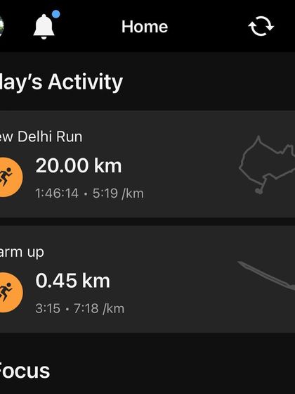 A summary of a 20km run, showing the full activity on the dashboard.