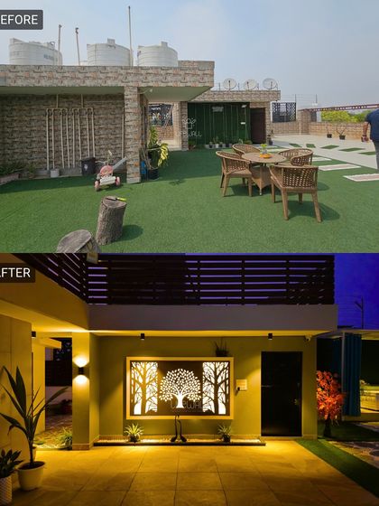 This space already had some green, but we gave it a complete design overhaul. The new layout features a stunning backlit tree of life wall panel that becomes the focal point of the entire terrace at night.