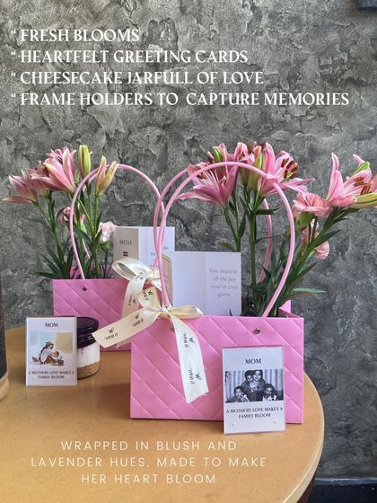 Our Mother's Day edit, featuring fresh blooms, a cheesecake jar, and heartfelt greeting cards, all wrapped in lovely blush pink and lavender hues to make her heart bloom.