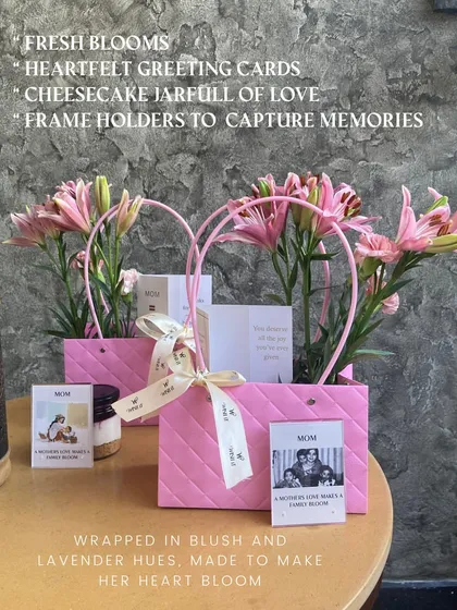 Our Mother's Day edit, featuring fresh blooms, a cheesecake jar, and heartfelt greeting cards, all wrapped in lovely blush pink and lavender hues to make her heart bloom.