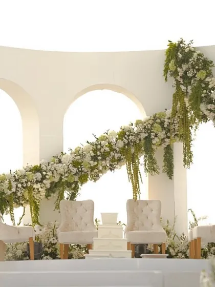 For this modern beach wedding at the Taj Holiday Village in Goa, I designed a clean, architectural mandap with an asymmetrical floral arrangement, letting the beauty of the ocean view complete the picture.