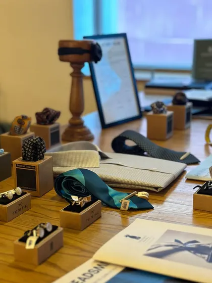 A display of our curated accessories at the 360 One Wealth trunk show. From ties and pocket squares to cufflinks, we help redefine business style down to the last detail.