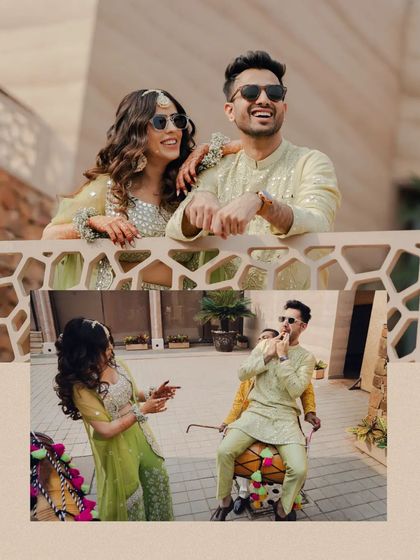 A collage of the couple's fun moments, including the groom playing the dhol, showcasing the lively atmosphere.