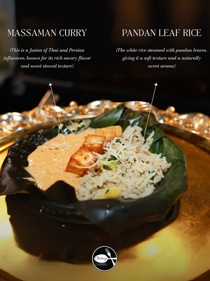This annotated image explains the components of my Pandan Leaf Rice with Massaman Curry. It details the Thai and Persian influences of the curry and the aromatic quality of the pandan steamed rice.