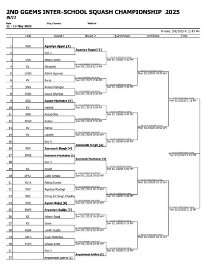 The 32-player draw for the Boys Under-11 category at our inter-school championship.