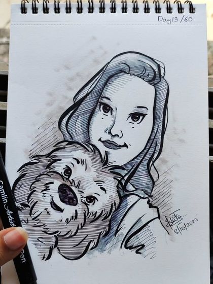 People and their pets make the best subjects! This is a caricature of a girl with her adorable dog, a perfect way to celebrate a furry friend.