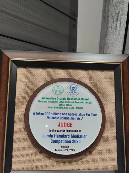 I was honored to receive this token of appreciation for my contribution as a judge. These events are vital for the growth of practical legal education in India.