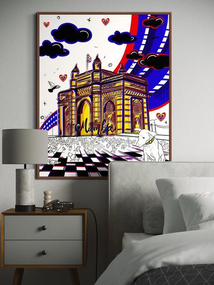 Here is the "Gateway of India with Streetie" artwork shown as a framed print, bringing a piece of Mumbai's heart into your home.
