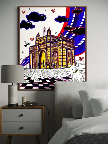 Here is the "Gateway of India with Streetie" artwork shown as a framed print, bringing a piece of Mumbai's heart into your home.