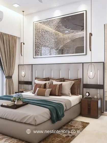 This 3D design for a master bedroom features a large statement artwork above the bed, flanked by elegant hanging lights. The neutral color palette and ample natural light create a serene and airy feel.