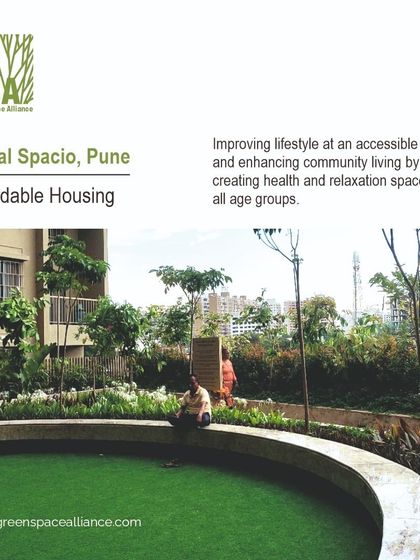 For the Runal Spacio affordable housing project in Pune, we designed urban courtyard spaces that enhance community living. The curved seating area and central green provide a simple yet effective space for relaxation and social interaction for residents of all ages.