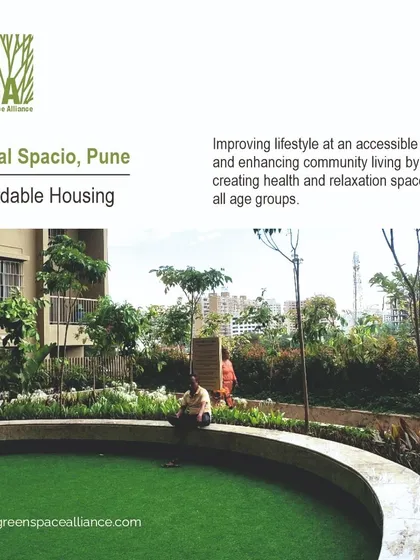 The Runal Spacio affordable housing project in Pune, where we created health and relaxation spaces for all age groups. This image shows a circular green seating area, part of a larger courtyard design that enhances community living at an accessible cost.