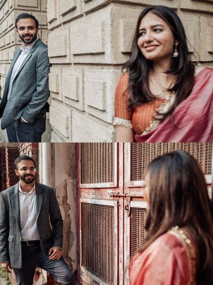 A series of candid portraits against the textured walls and rustic doors of old Bombay, capturing their individual personalities and the glances they share.