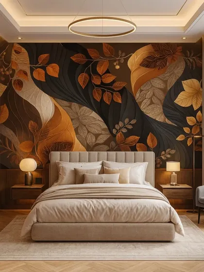 An abstract botanical wallpaper in warm, earthy tones of brown and orange. This design adds an artistic and modern touch to the bedroom decor.