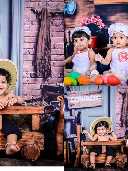 A collage featuring a baby in a cowboy theme and a little chef theme, showing the versatility of my studio setups.