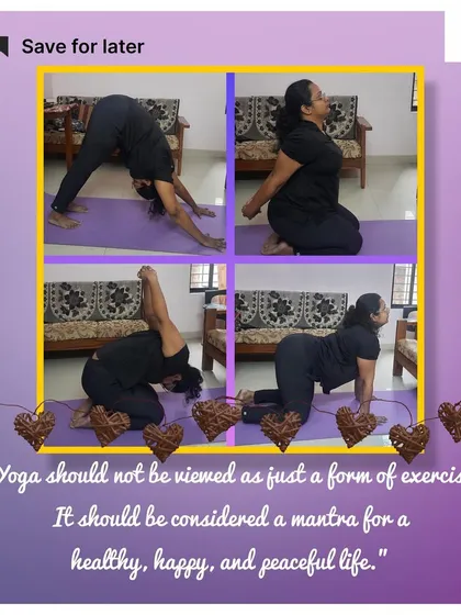 This collage showcases a student practicing various asanas, reflecting the mantra for a healthy, happy, and peaceful life.