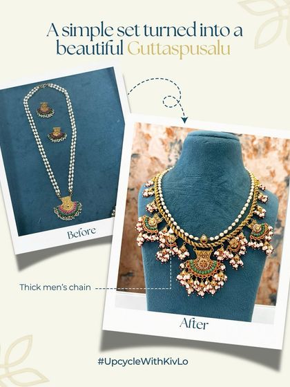 A South Indian client brought in a thick men's chain and an old set. We combined them to create this stunning Guttapusalu necklace, a traditional design given a fresh sparkle with new kundans and rice pearls.