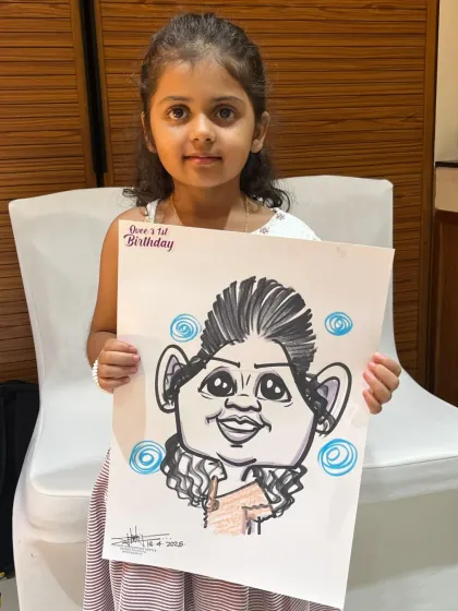 A little girl proudly holding her caricature. The simple style is perfect for capturing the charm of children.