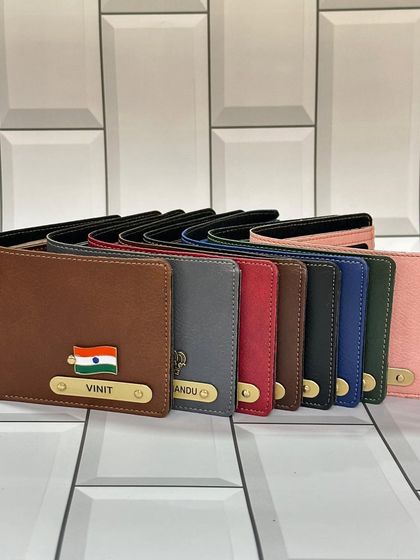 A lineup of my NEXON premium leather finish wallets, available in 8 different colors. Each can be customized with a metal name tag and a charm.