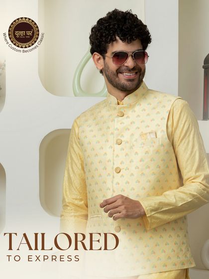 Tailored to express. A yellow printed Nehru jacket paired with a matching kurta, perfect for a Haldi ceremony or spring festival.