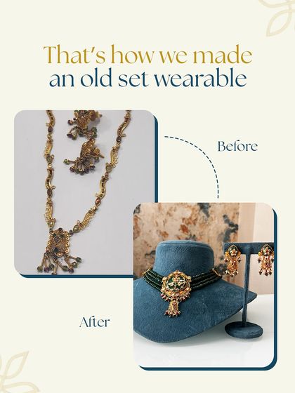 That's how we made an old set wearable. A long, dated necklace was transformed into a trendy choker with matching earrings, keeping the soul of the original piece while adding a fresh, modern sparkle.
