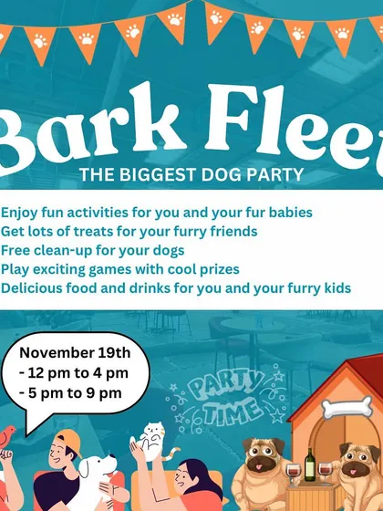Bark Fleet, the biggest dog party! A poster detailing all the fun activities, games, and treats for a day of celebration.