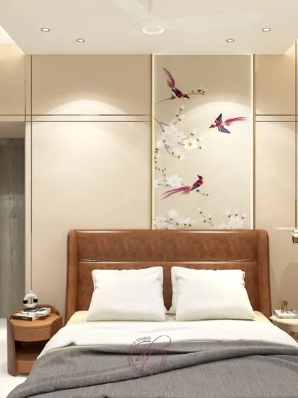 A close-up of the bed and the beautiful wall panel with bird art. This level of detail in our renders helps clients visualize the final look and feel of their personal sanctuary.
