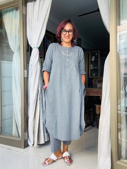 Another shot of the grey kurta set, perfect for a comfortable day at my home studio.