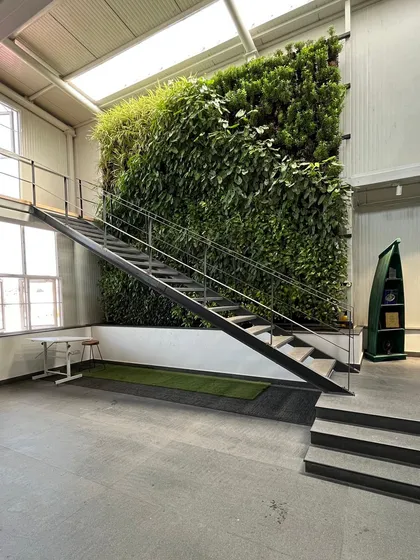 Our own studio features a two-story biophilic green wall that acts as the heart of the space. This living installation improves air quality and creates a calming, natural backdrop for the industrial-style staircase and open-plan workspace, reflecting our commitment to sustainable design.