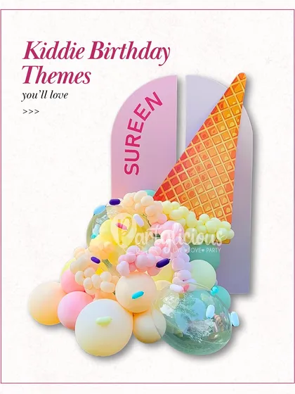 The perfect starting point for a sweet celebration. This image highlights our custom ice cream cone backdrop, a favorite for kiddie birthday themes.