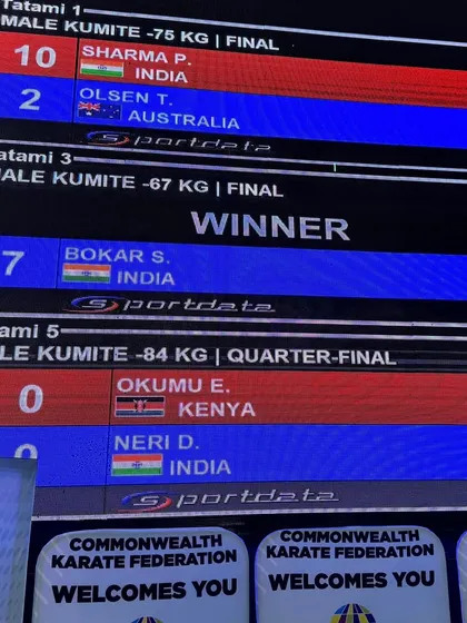 The scoreboard tells the story. A dominant 10-2 victory for India's Pranay Sharma in the final of the Male Kumite -75kg category at the Commonwealth Championship.