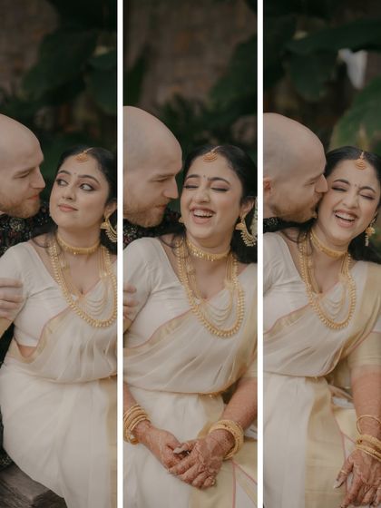 A triptych of candid moments showing the pure, unscripted joy between Pavitra and Myles. These photos capture the laughter and affection that are the true heart of any wedding.