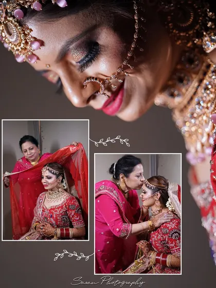 A collage showing tender moments between the bride and her mother, combined with a beautiful close-up portrait.