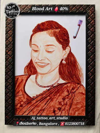 A delicate and expressive blood portrait of a young woman. The monochrome reddish-brown tones highlight her features and expression, creating a timeless piece of art.