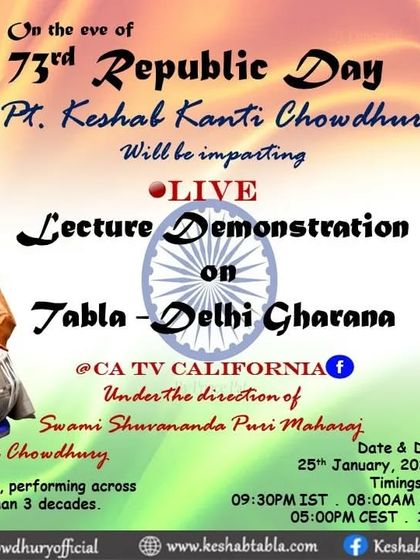 On the occasion of India's 73rd Republic Day, I was invited to give a live lecture and demonstration on the Tabla and the Delhi Gharana. These events are a wonderful way to share the rich history and technique of our art form.