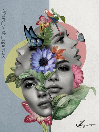 This is a surrealist piece where I explored blending human portraits with natural elements like tropical flowers, leaves, and butterflies. I enjoy creating these dreamlike compositions, letting my unconscious mind guide the placement of each element to build a beautiful and unexpected image.