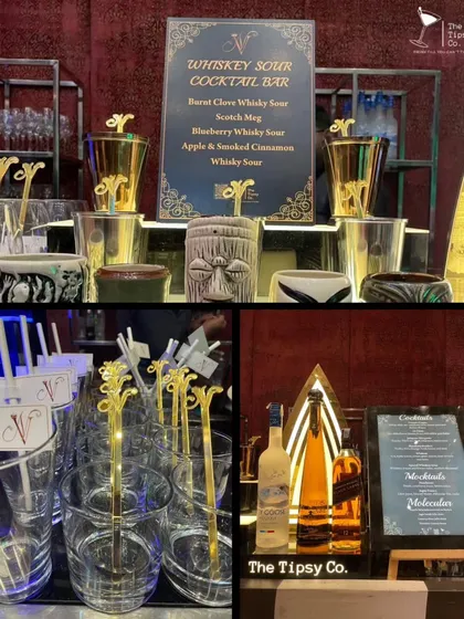 A collage showcasing a luxurious Whiskey Sour Cocktail Bar. We offer a specialized menu with options like Burnt Clove and Blueberry Whiskey Sours, served in unique tiki and metallic glassware.