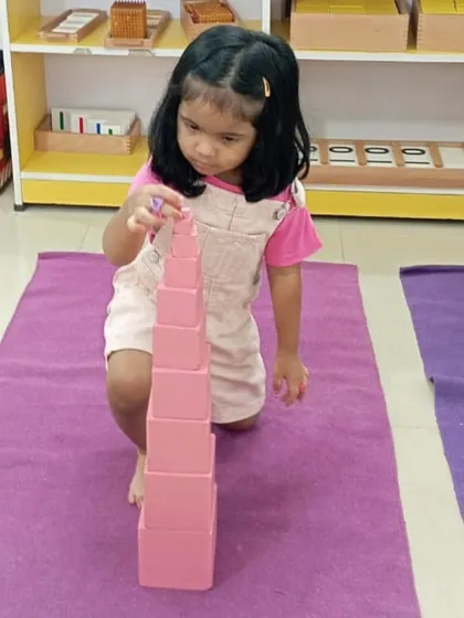 This is the iconic Pink Tower, a sensorial material that helps children visually discriminate between different sizes. As they build the tower, they are developing concentration, coordination, and an indirect preparation for mathematics.