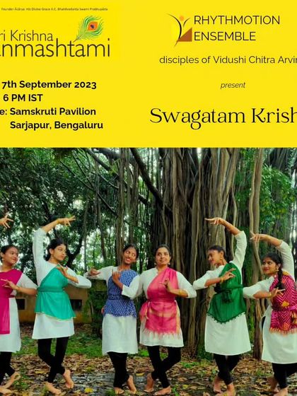 The poster for our 'Swagatam Krishna' Bharatanatyam ensemble performance for Janmashtami, organized by ISKCON.