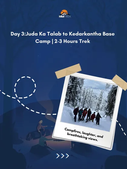 Day 3: We trek from Juda ka Talab to the Kedarkantha Base Camp. The day ends with campfires, laughter, and breathtaking views.