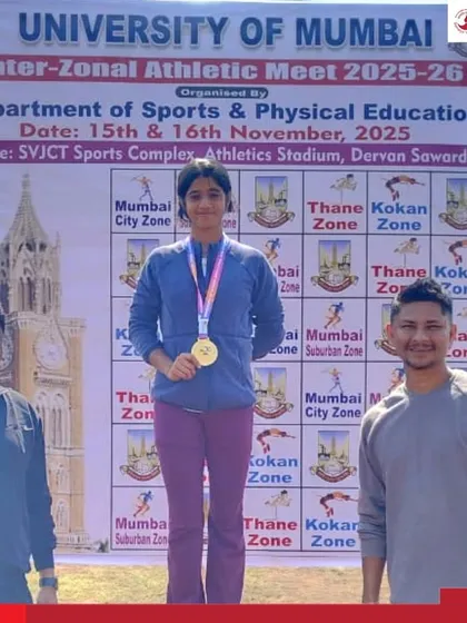 An athlete stands proudly on the top step of the podium after winning gold at the University of Mumbai Inter-Zonal Athletic Meet.