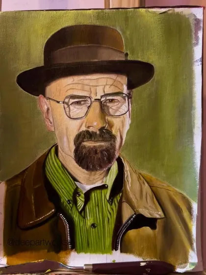 A completed oil portrait of the character Walter White from Breaking Bad, painted on canvas sheet. This piece showcases my ability to capture a likeness and complex expression through realistic detail, from the texture of the skin to the fabric of the clothing.