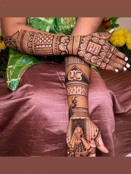 A beautiful single-hand design featuring a bride's portrait, complemented by a geometric pattern on the other hand with the couple's initials.