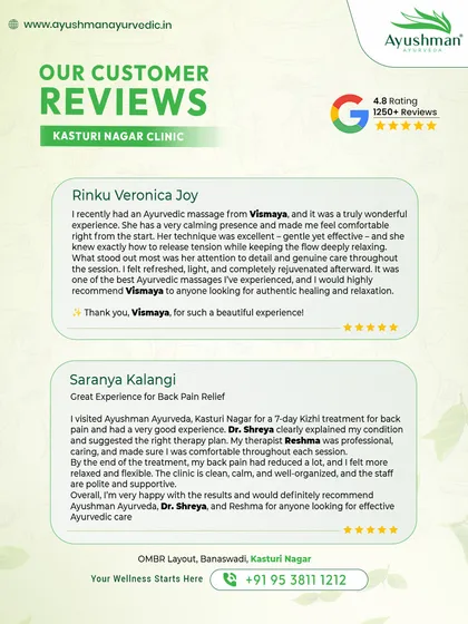Our Kasturi Nagar clinic is proud to receive such positive feedback. From a rejuvenating Ayurvedic massage that was called "one of the best ever" to a 7-day Kizhi treatment that provided significant back pain relief, these stories reflect our commitment to real results.