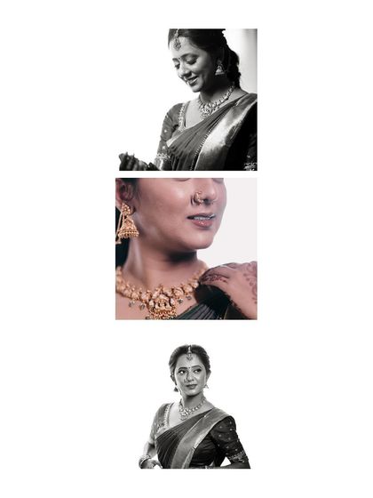 A collage of a bride's pre-engagement portraits, including black and white shots that highlight her features.